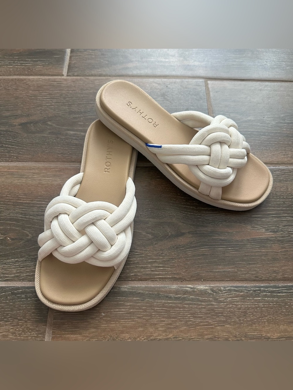 Rothy’s The Knot Slide Sandal Cream Vanilla Braided Knit Slips Ons Flats Sz 6
